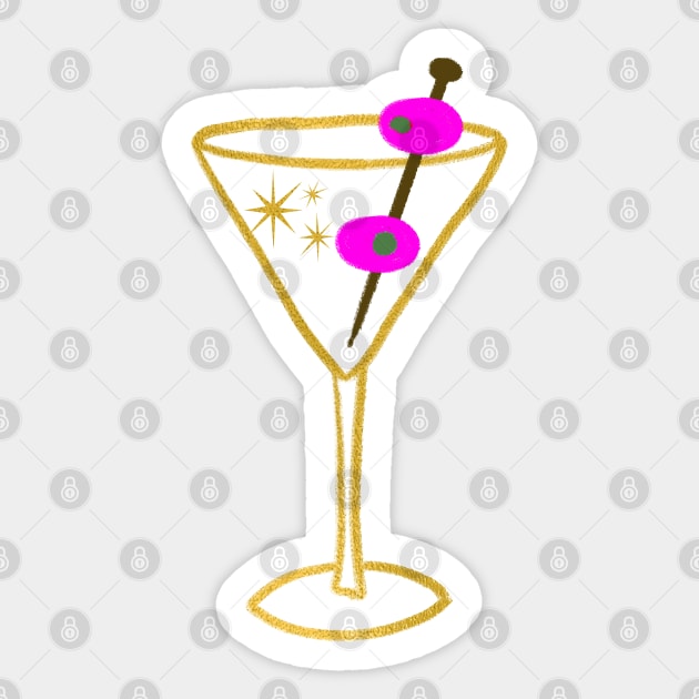 Glam Retro Faux Gold Martini Cocktail Drink Glass With two Pink Olives Illustration Sticker by LittleForest